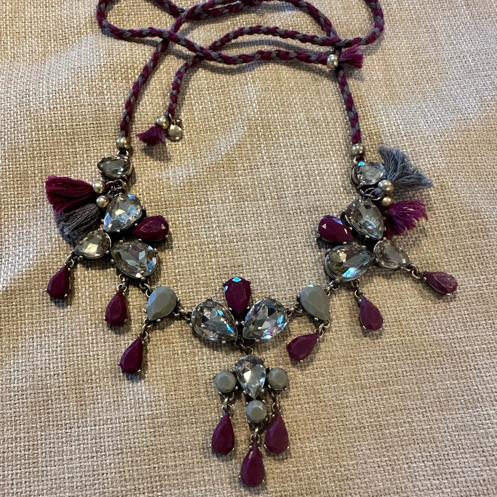 J Crew Statement Necklace with Tassels- burgundy, grey and gold; Adjustable